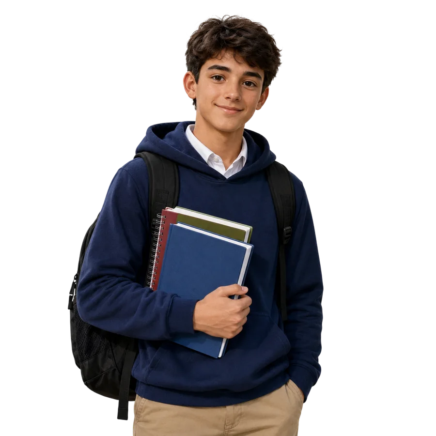 Student holding books and wearing a backpack