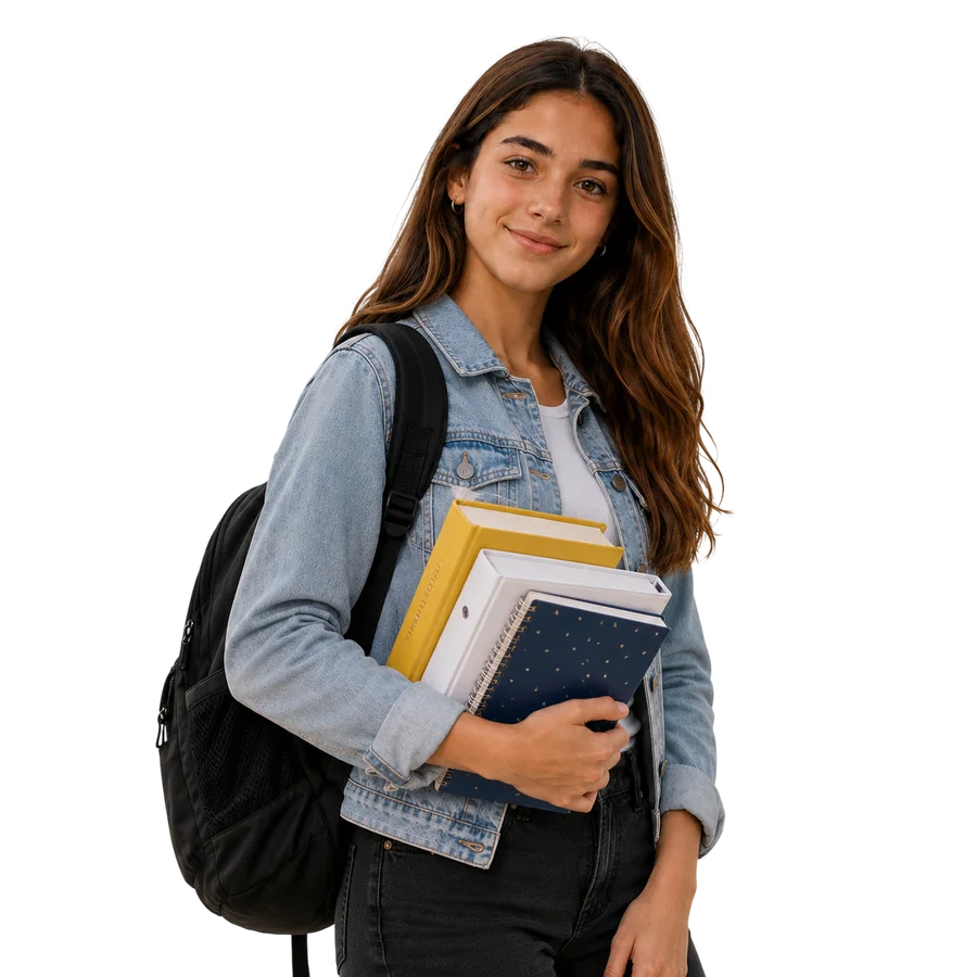 Student holding books and wearing a backpack